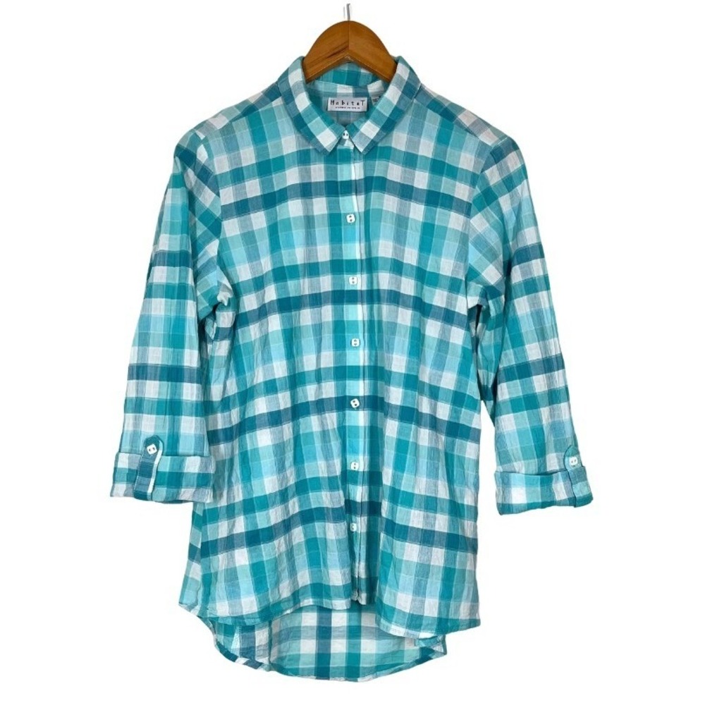 Habitat Teal White Gingham Seersucker Button Down Shirt 3/4 Tab Sleeve Womens S